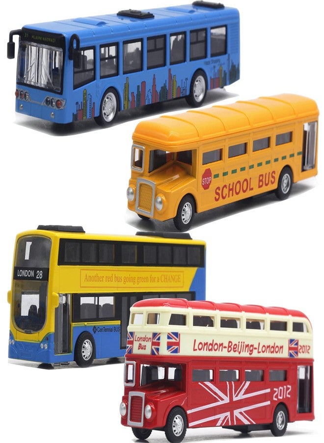 OTONOPI Bus Toys Pull Back School Bus Double Decker London Vehicles City Sightseeing Tour Bus Die Cast Metal Toy Cars Friction Powered Play Vehicle Toy Set for Kids 4 Pack - Image 1